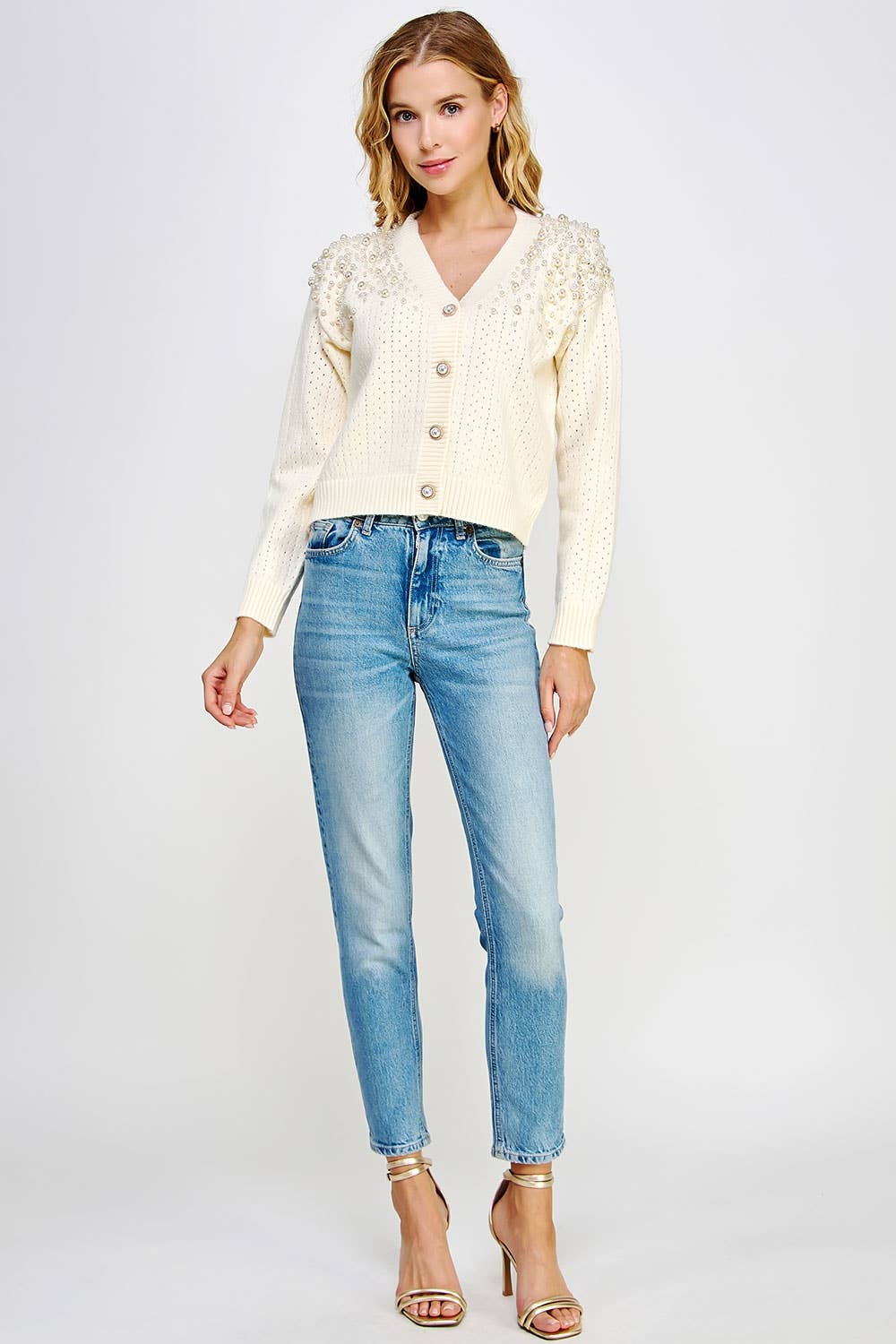 Cream Pearl Studded Eyelet Knit Cardigan Sweater