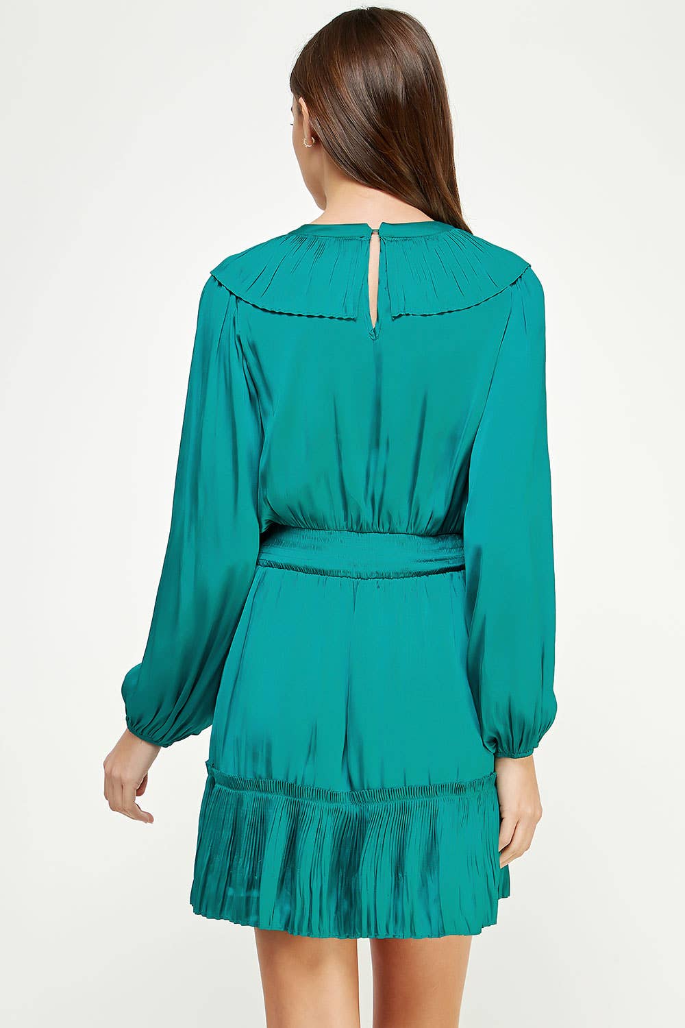 Teal Pleated Bib Detail Satin Mini Dress