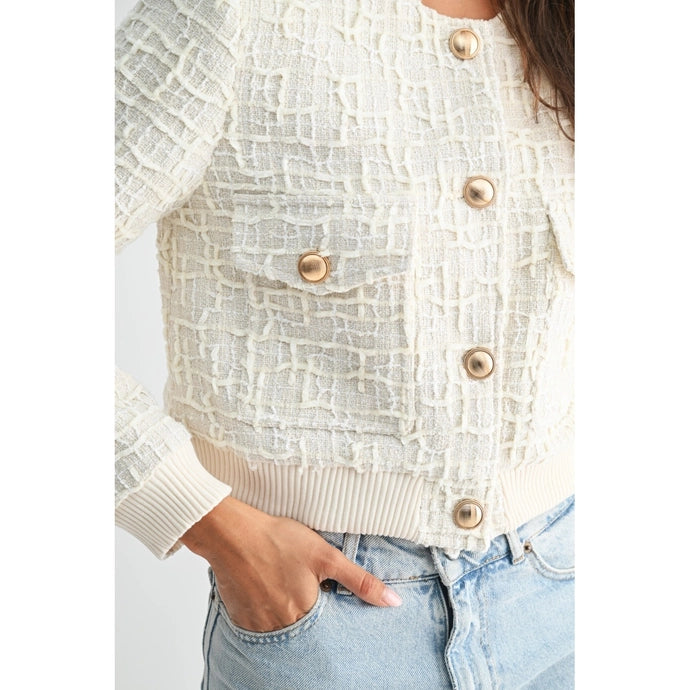 Ivory Elegant Textured Knit Wool Jacket