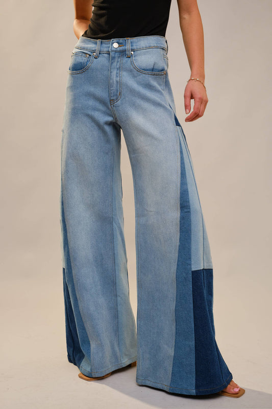 High Rise Super Wide Leg Color Block Jeans