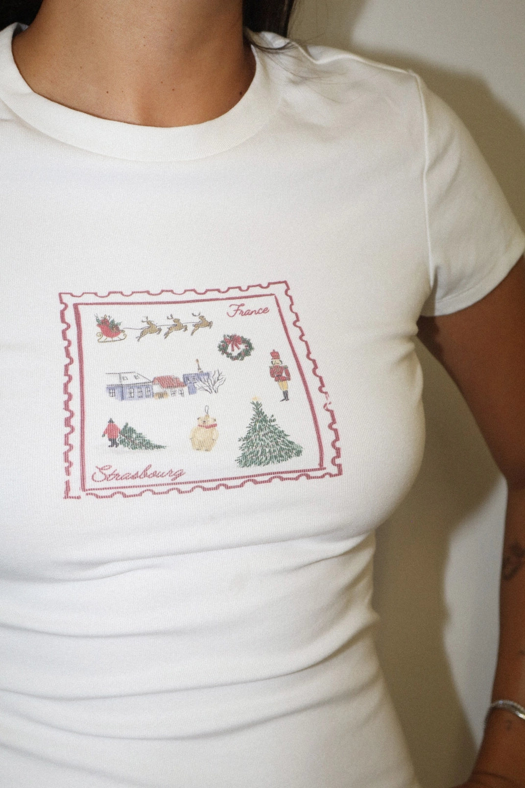 French Holiday Postcard Fitted Christmas Graphic Tee