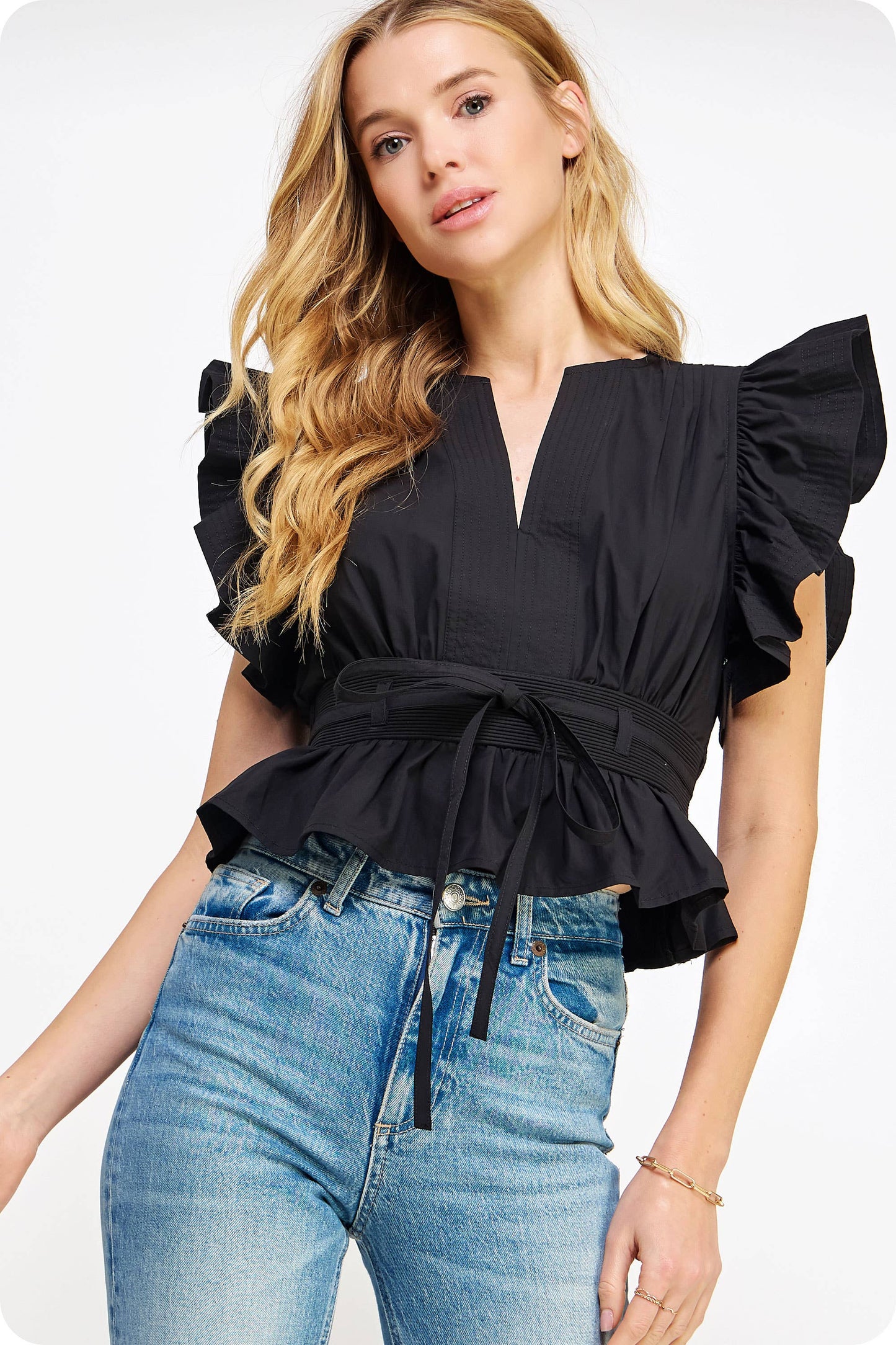 Flutter Sleeve Peplum Poplin Top: Red / M