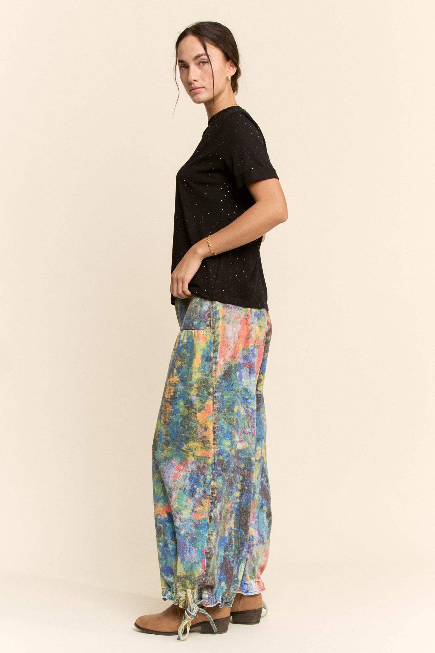 Lime Green and Cobalt Paint Printed Denim Pants