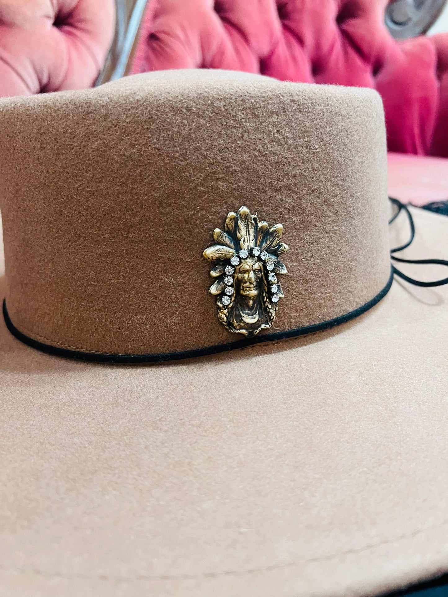 Aged Brass Native American Head Hat Pin Hat Bar Western