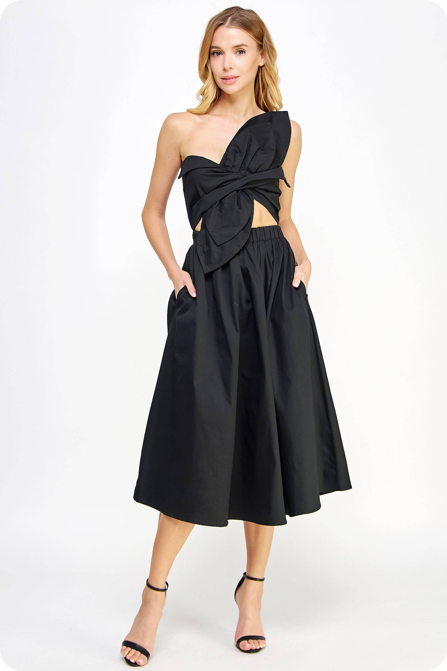 Knotted Flower Bow Midi Dress: Cherry Red / S