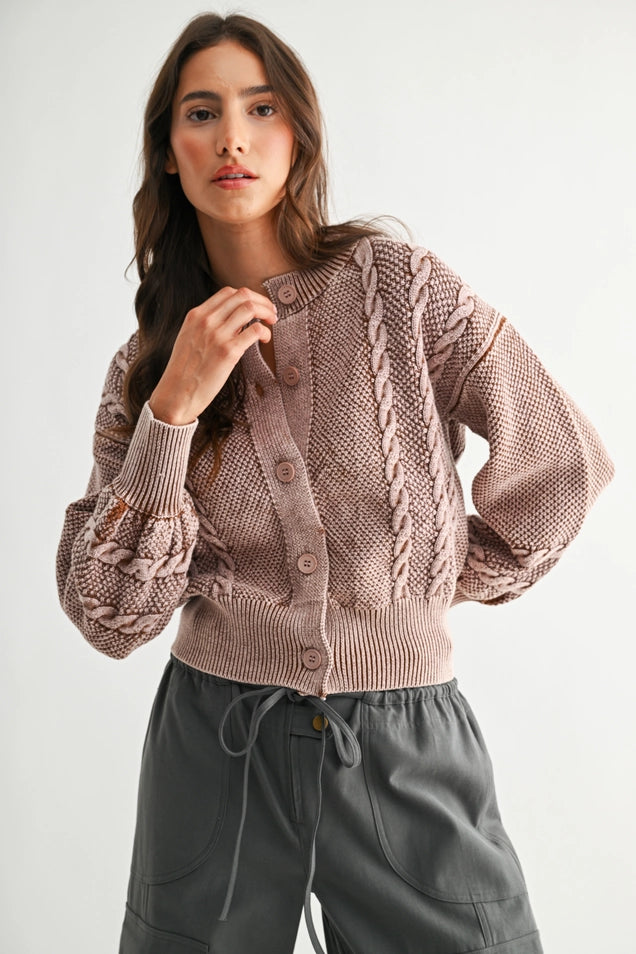 Washed Brown Cable Knit Cardigan