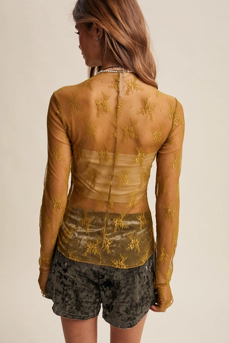 Olive Sheer Lace Long Sleeve Top