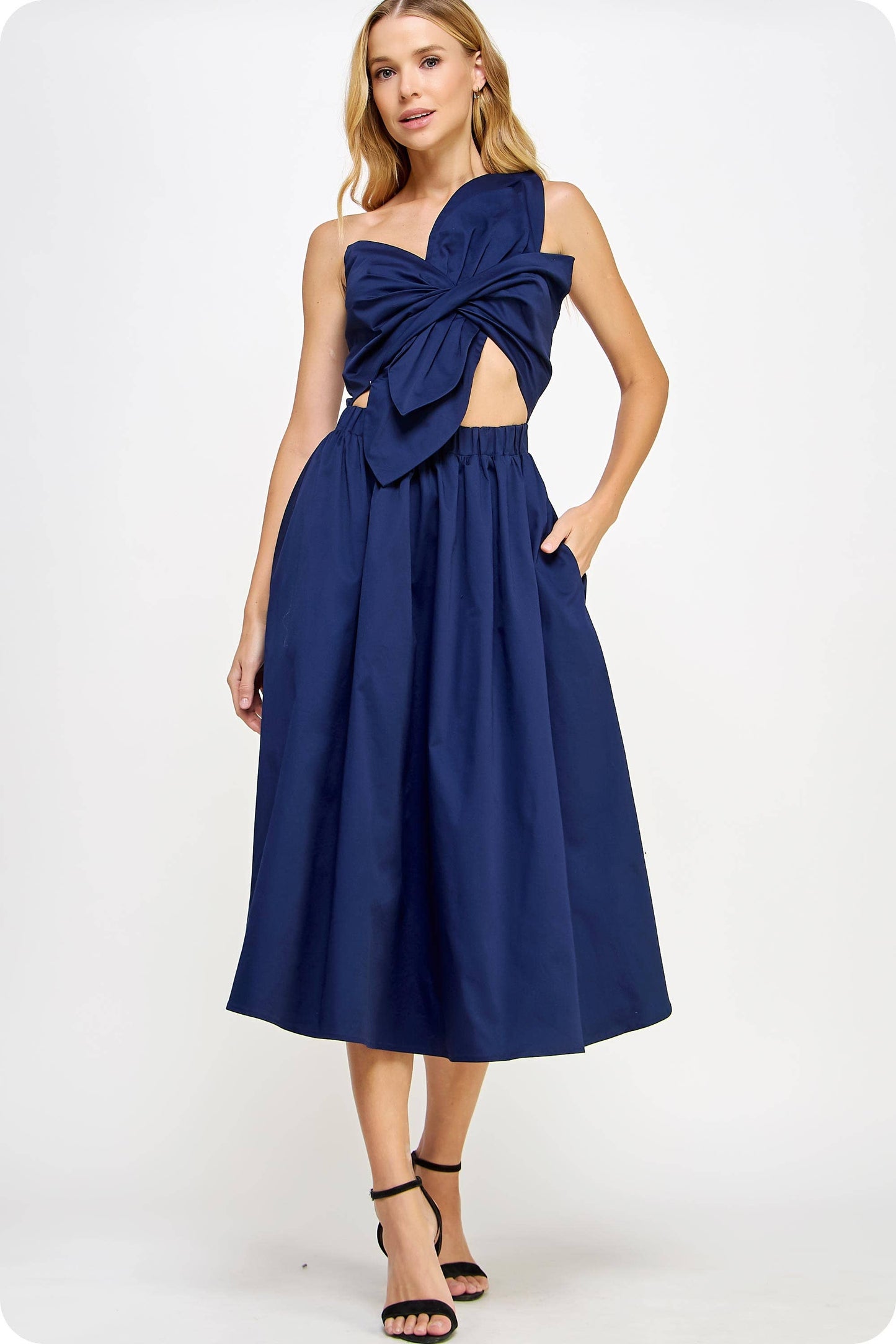 Knotted Flower Bow Midi Dress: Cherry Red / S