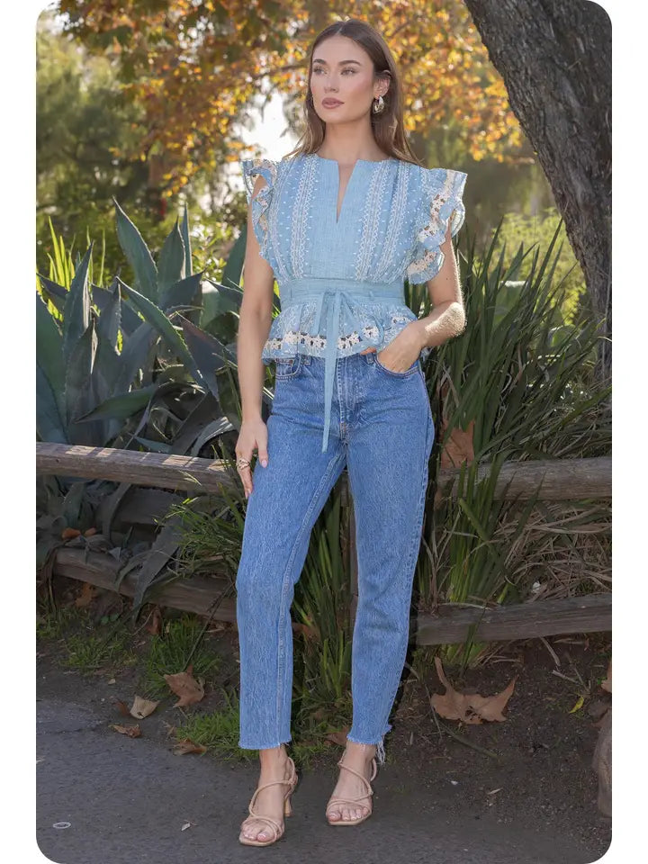 Chambray Embroidered Flutter Sleeves Lace Trim Detail Top
