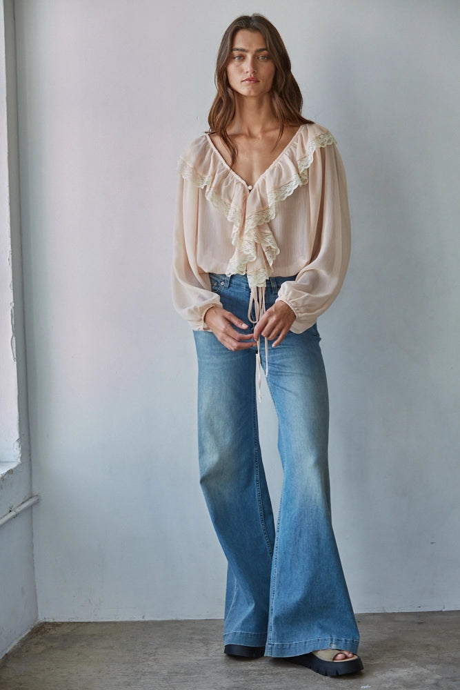 Soft Blush Chiffon Long Sleeve Ruffle Top