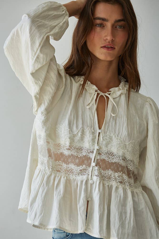Off White Sheer Lace Detail Blouse
