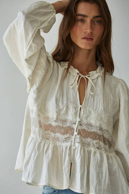 Off White Sheer Lace Detail Blouse