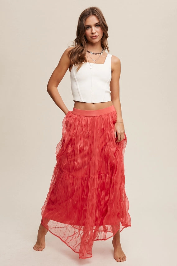 Coral Crinkled Mesh Maxi Skirt