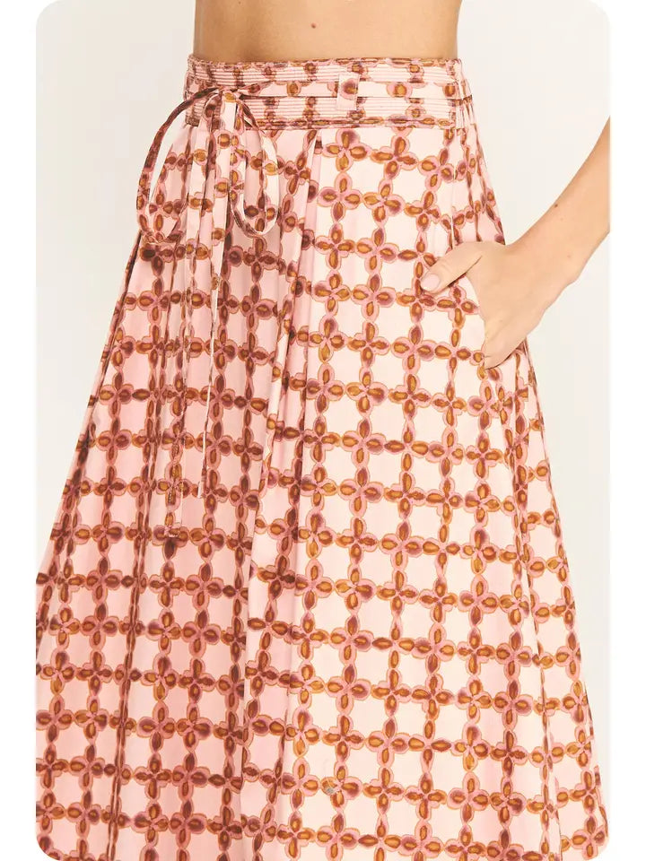 Chainlink Printed A-Line Pleat Midi Skirt