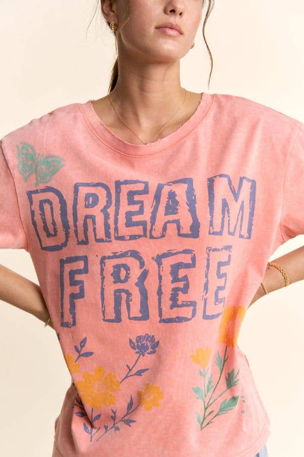 DREAM FREE FLORAL GRAPHIC MINERAL WASH TOP: Charcoal - L