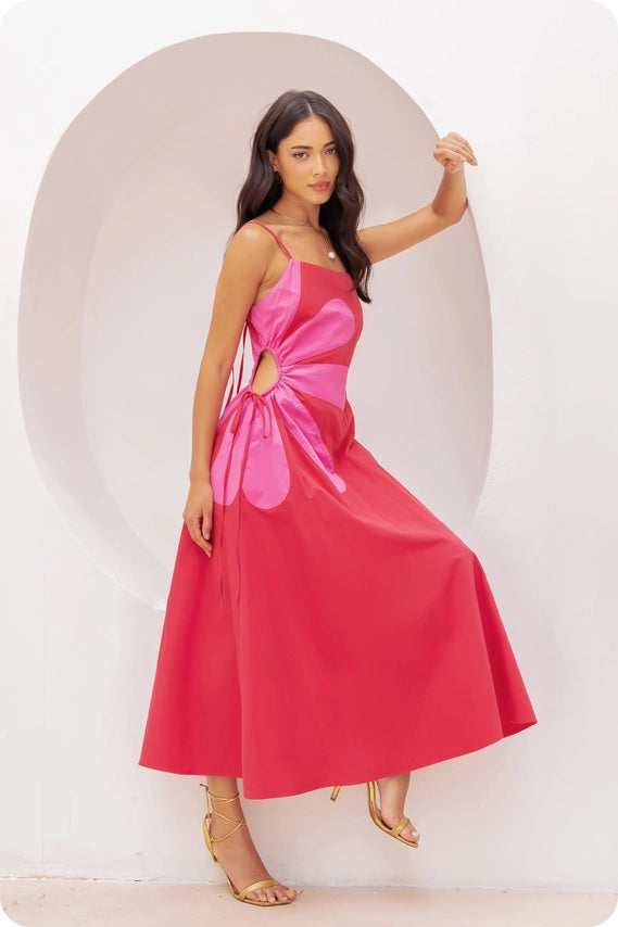 Red/Pink Sleeveless Side Cut-Out Flower Detail Midi Dress