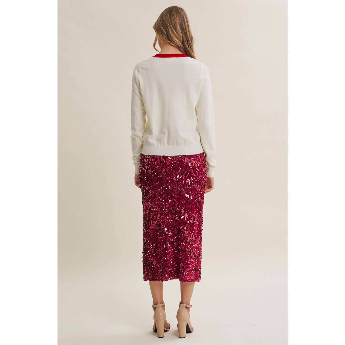 Harvest Glow Sequin Midi Skirt in Cranberry Kiss