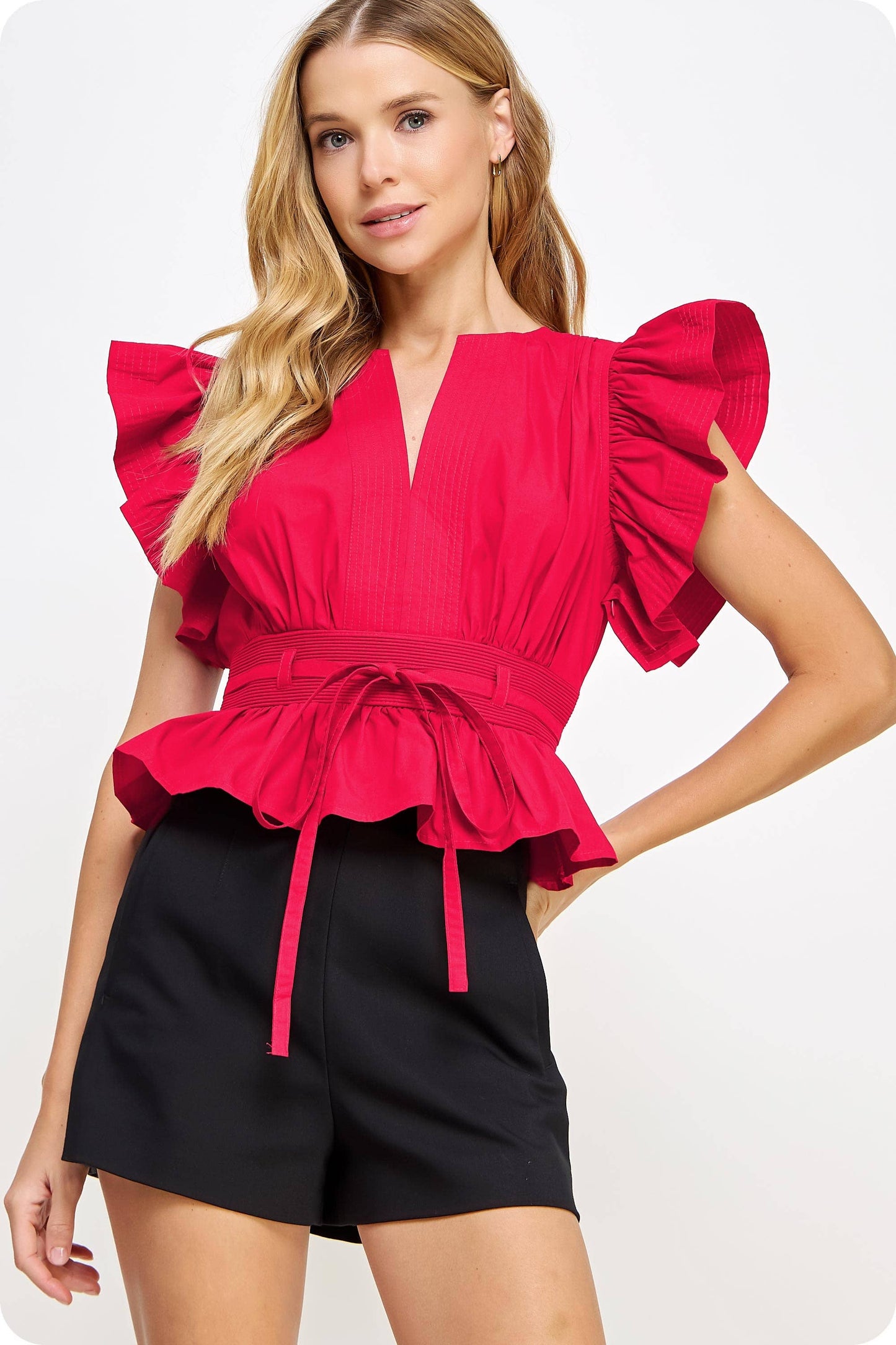 Flutter Sleeve Peplum Poplin Top: Red / M