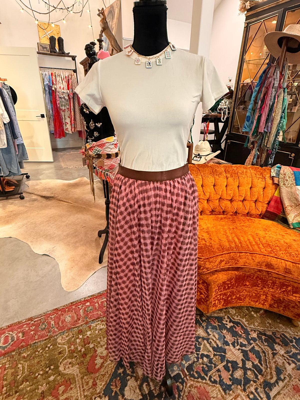 Pink and Brown Printed Mesh Long Skirt