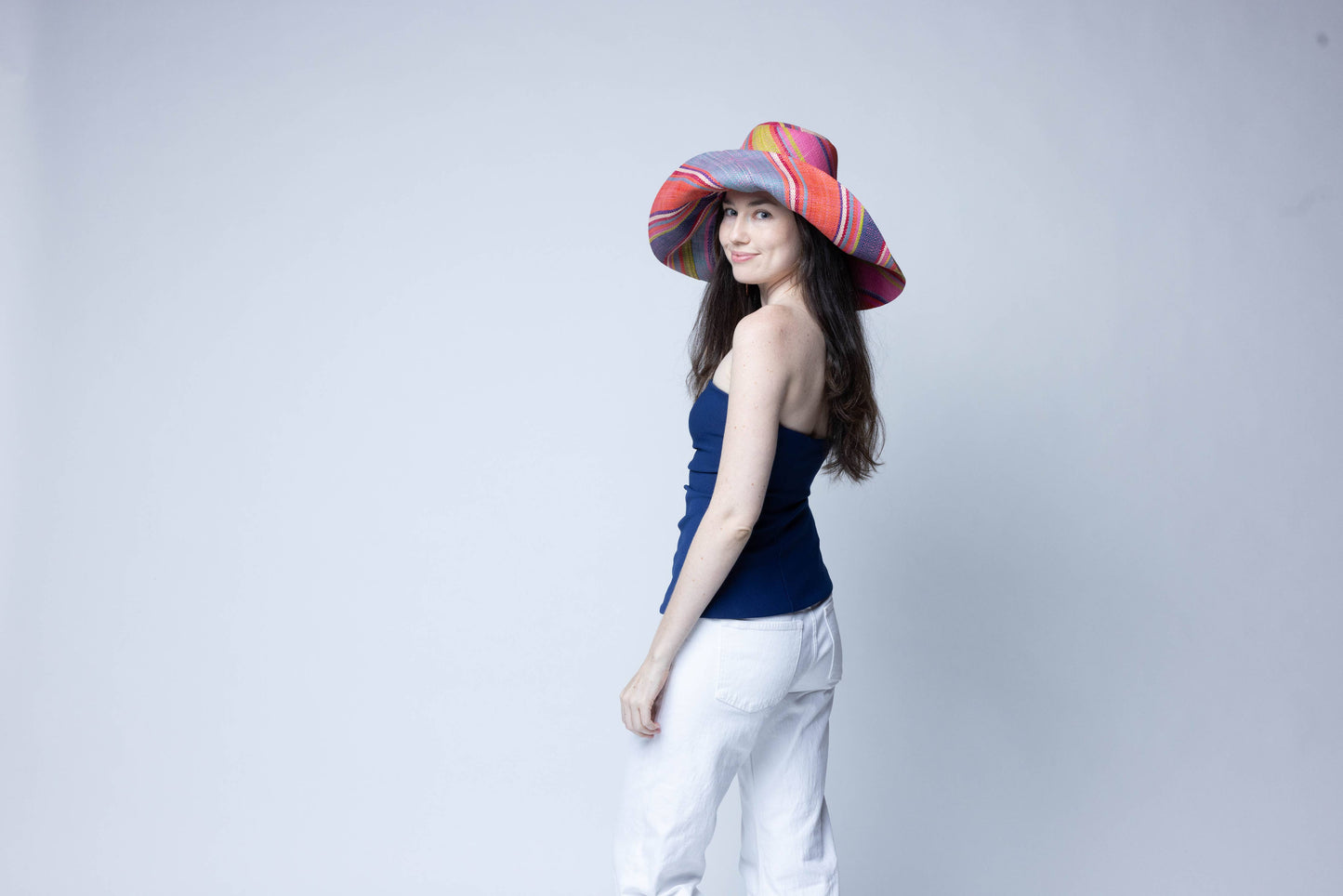 Monica Raspberry 7" Wide Brim Stripe Packable Straw Sun Hats