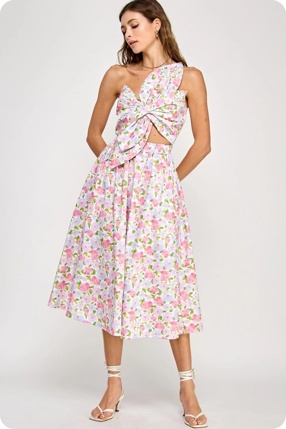 Pink Knotted Flower Bow Floral Print Midi Dress