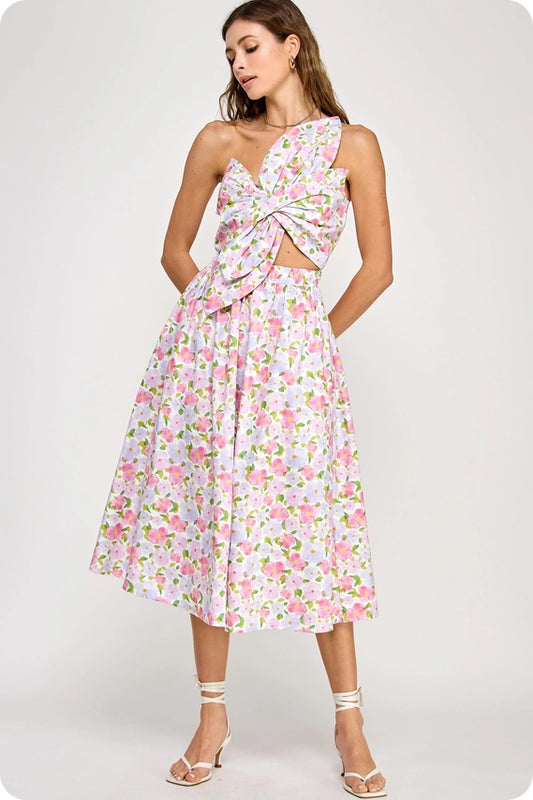 Pink Knotted Flower Bow Floral Print Midi Dress
