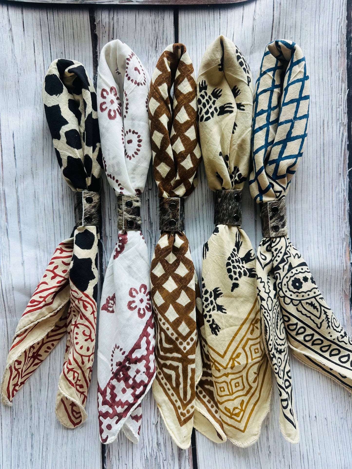 Boho Bandanas With Cowhide Leather Slides