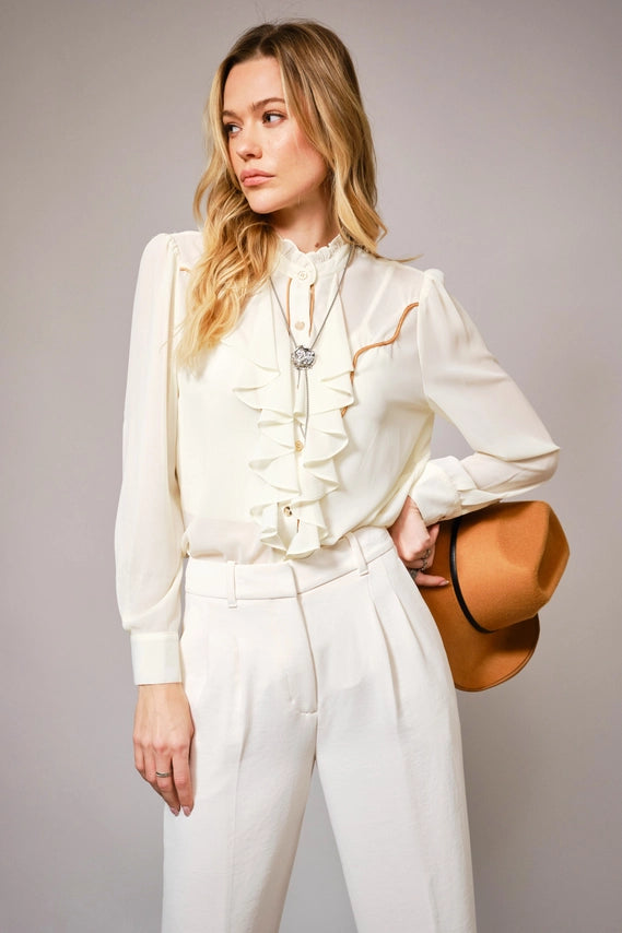 Chelsea Ruffle Front Button Up Blouse