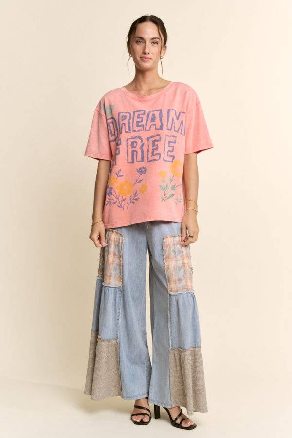 DREAM FREE FLORAL GRAPHIC MINERAL WASH TOP: Charcoal - L