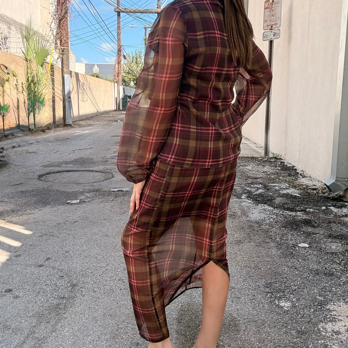 After Hours Sheer Plaid Midi Skirt (part of a set)