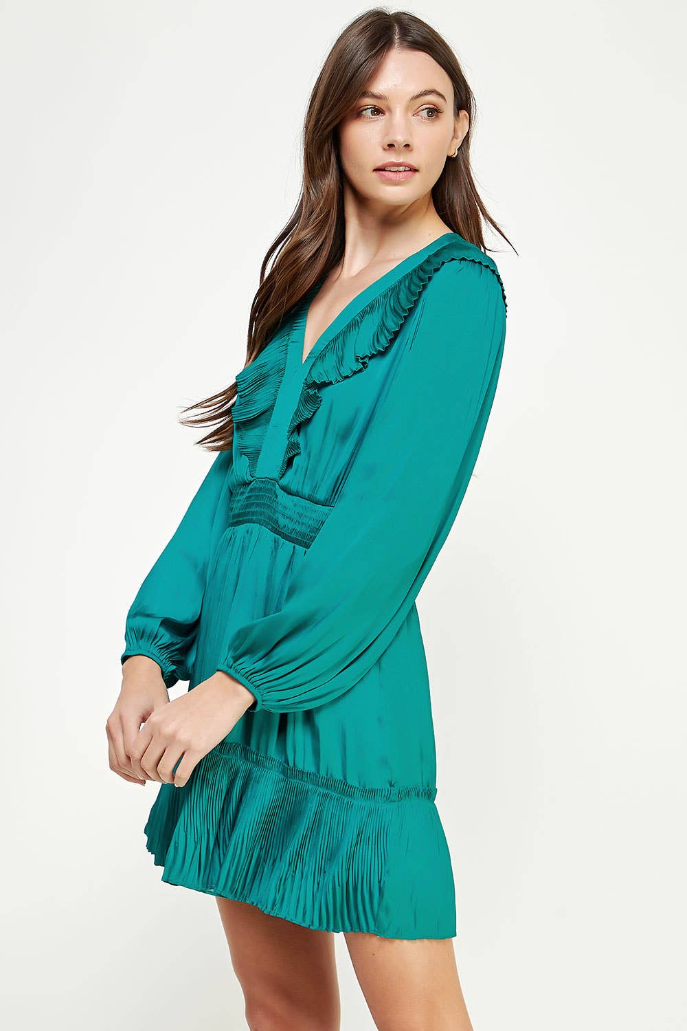Teal Pleated Bib Detail Satin Mini Dress