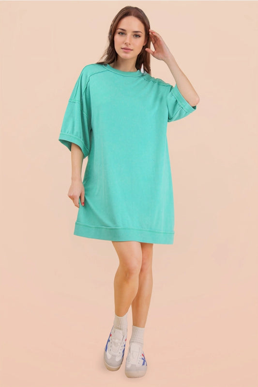 Sea Foam Mineral Washed French Terry Knit Casual Mini Dress