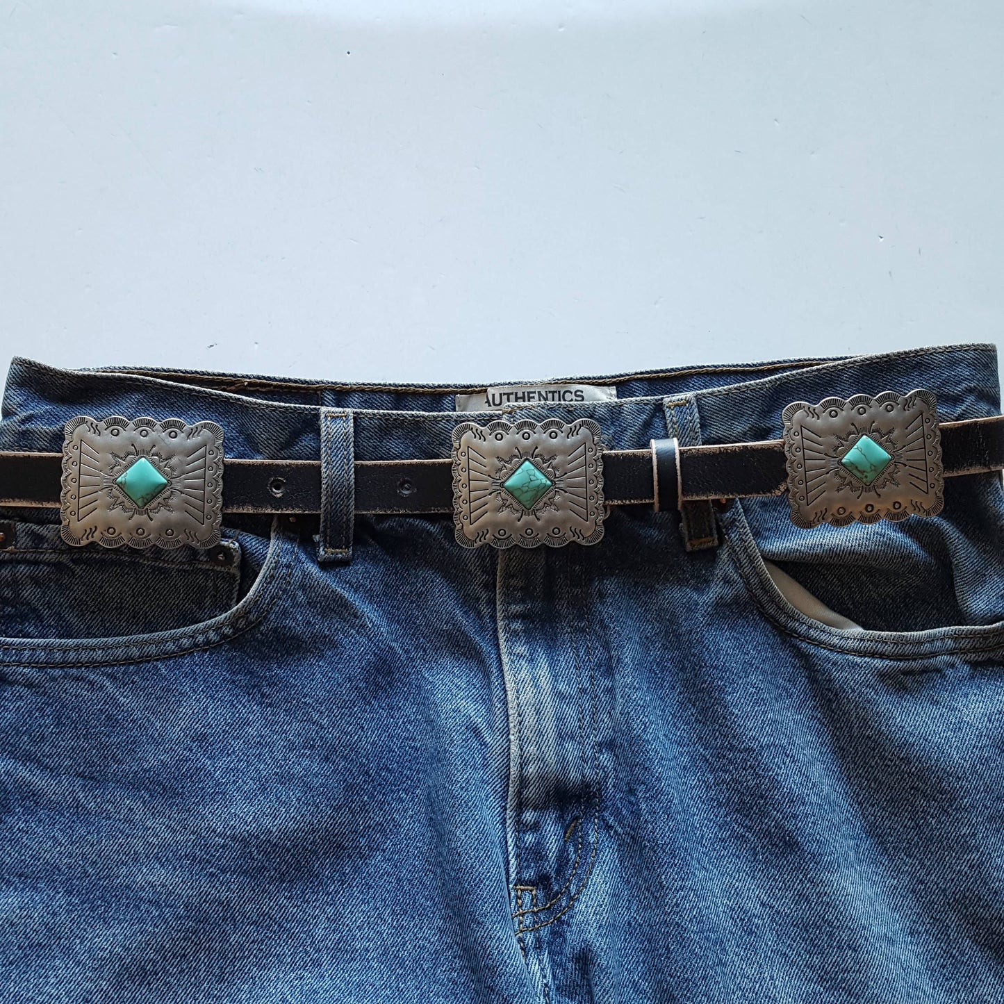 Black Rectangular Western Genuine Distressed Leather belt