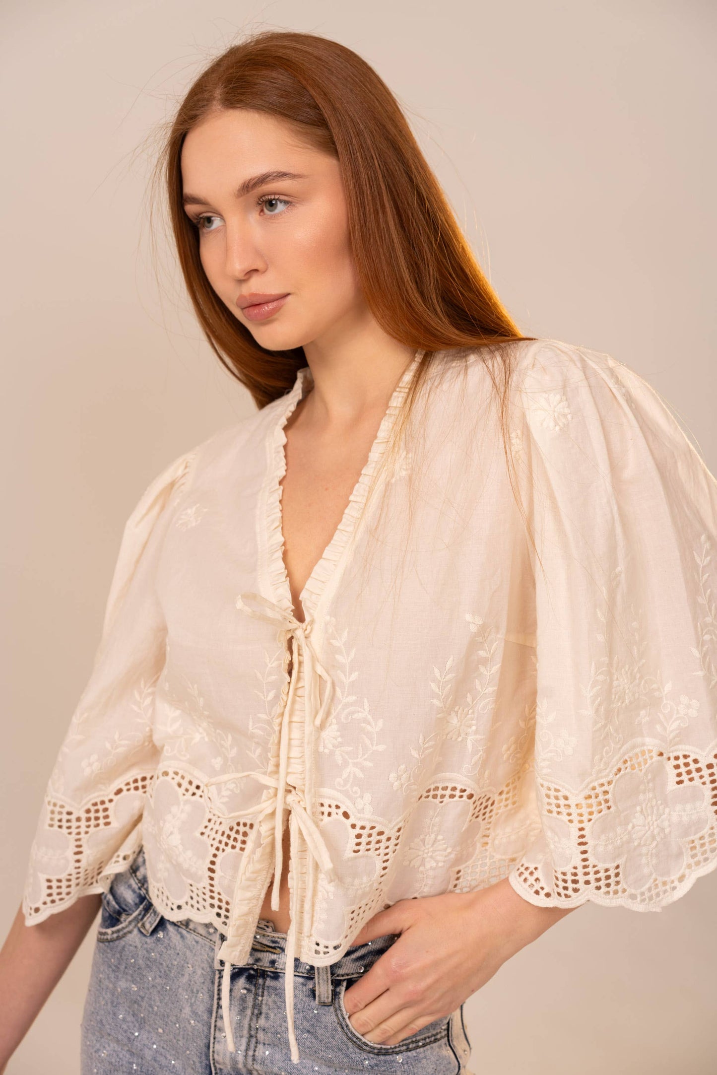 Ivory Puff Sleeve Embroidered Eyelet Tie Blouse