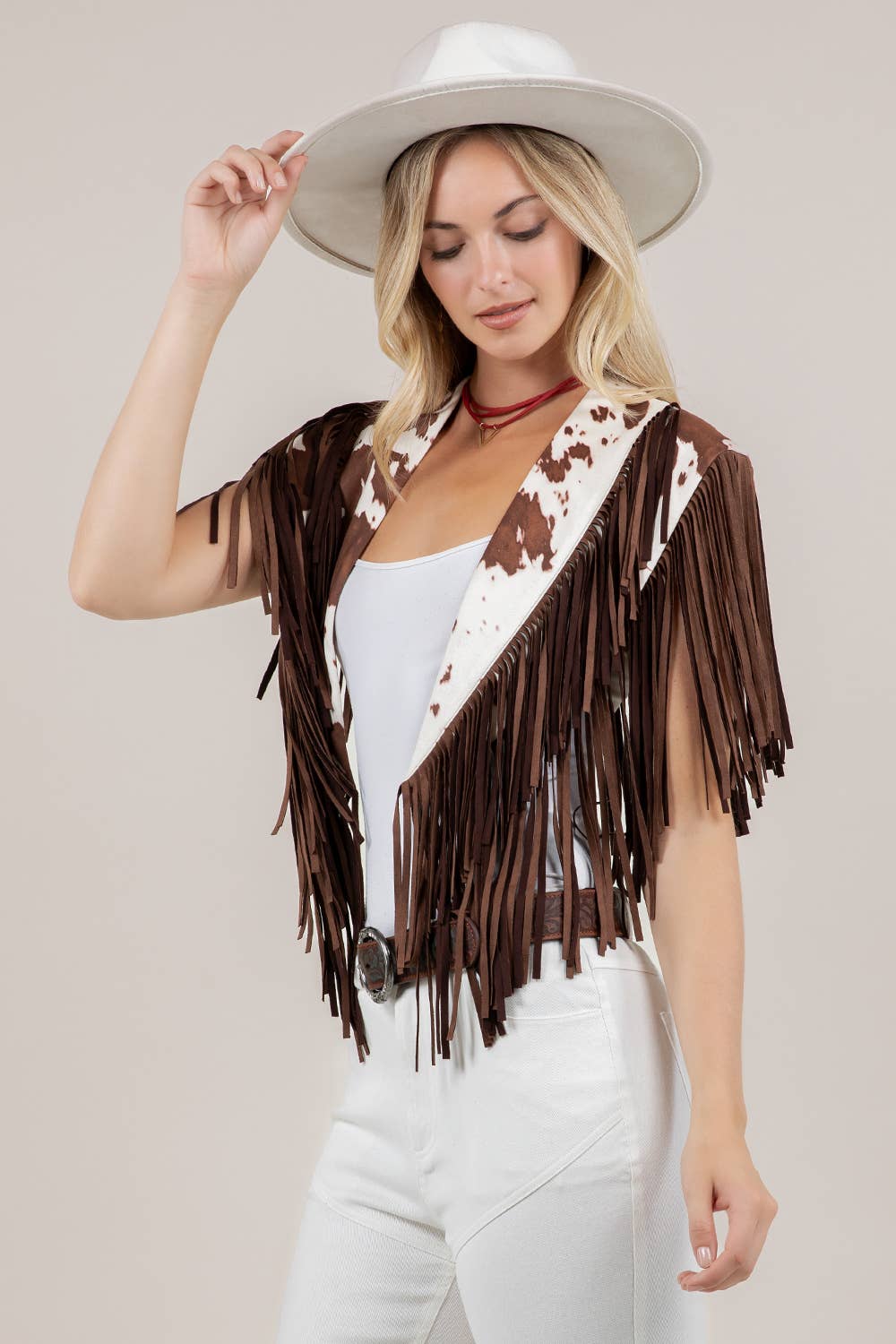 Cow Print Western Fringe Suede Collar/Shrug