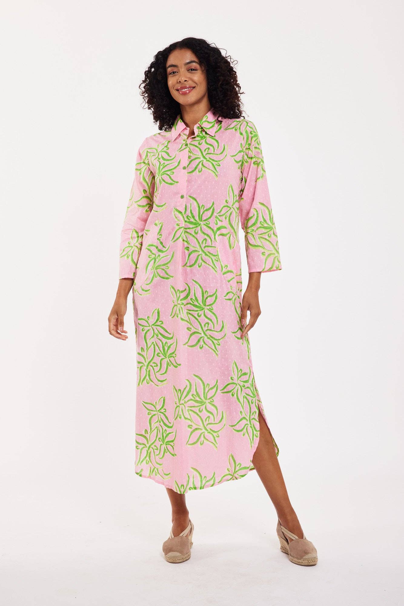 Gabriella Maxi Caftan Shirt Dress Pink Green Spring Summer: M