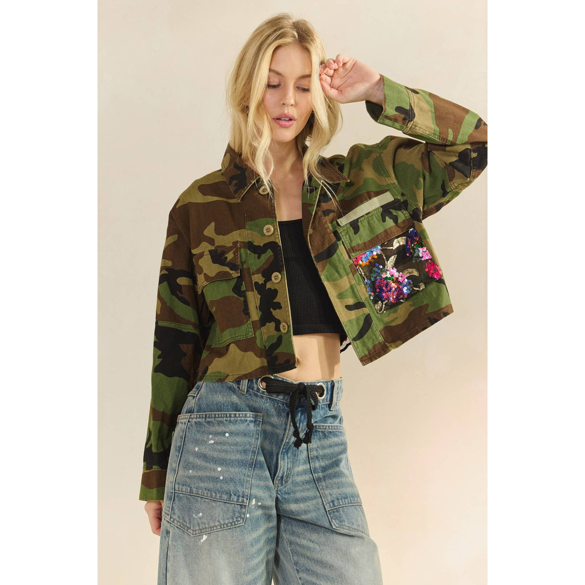 Camo Contrast Jacket: Camo Sequin