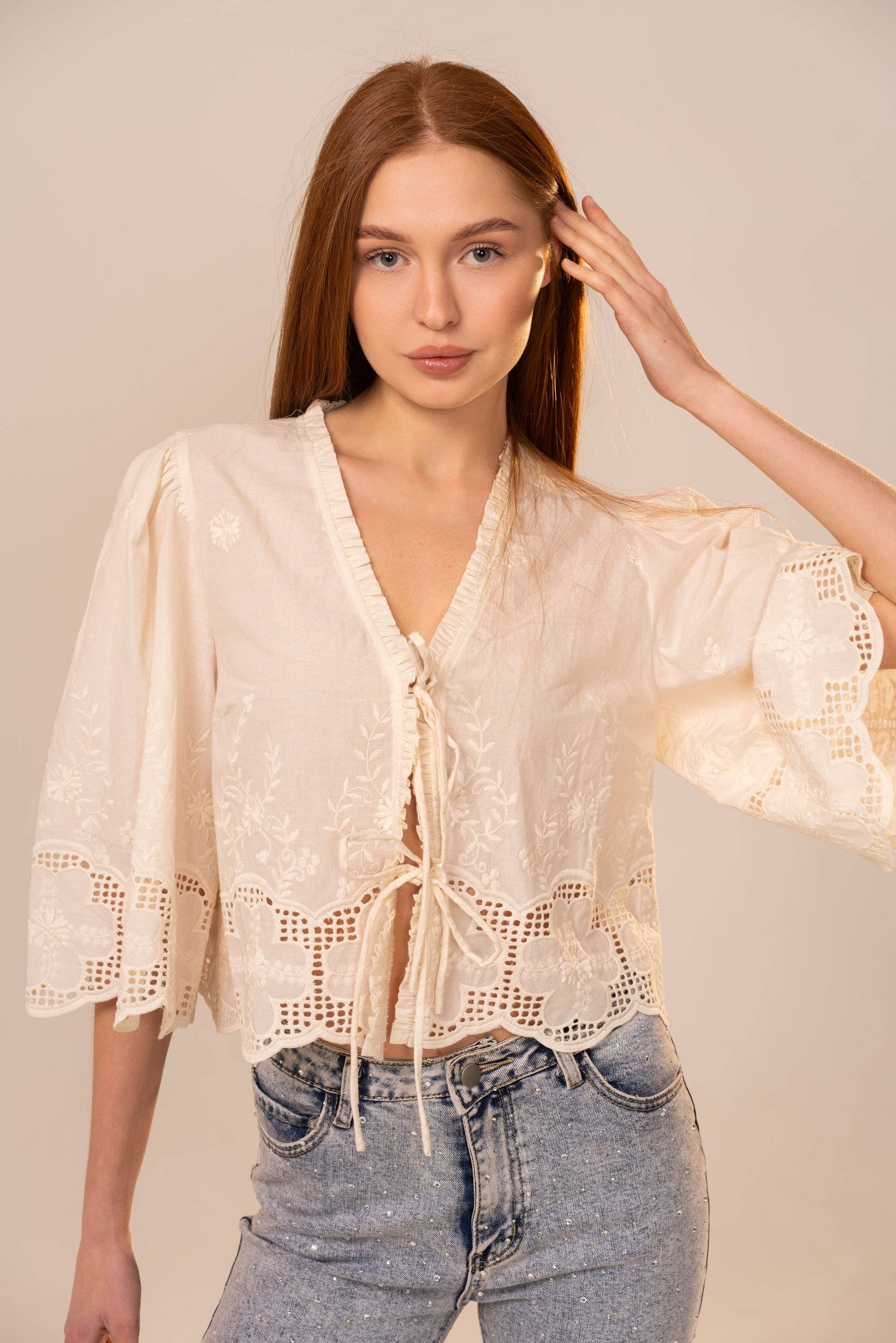Ivory Puff Sleeve Embroidered Eyelet Tie Blouse