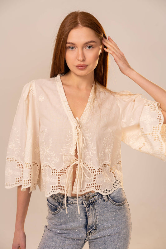 Ivory Puff Sleeve Embroidered Eyelet Tie Blouse