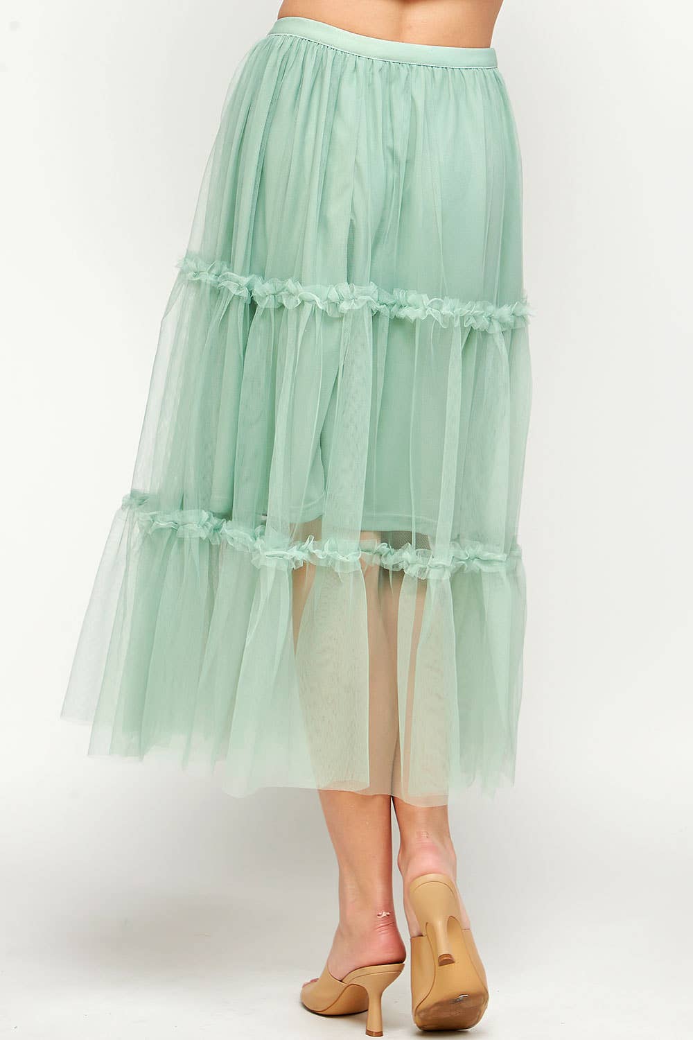 Sage Green Tulle Midi Skirt With Mini Ruffles