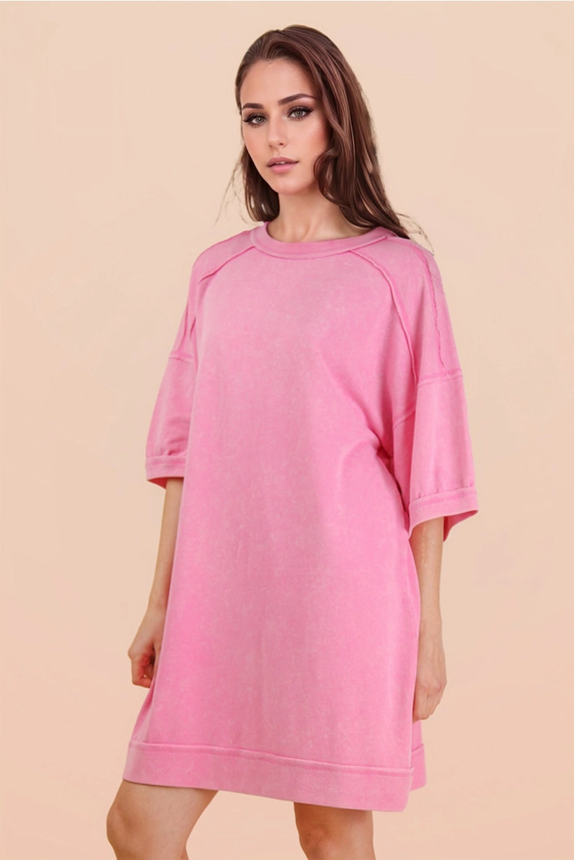 Pink Mineral Washed French Terry Knit Casual Mini Dress
