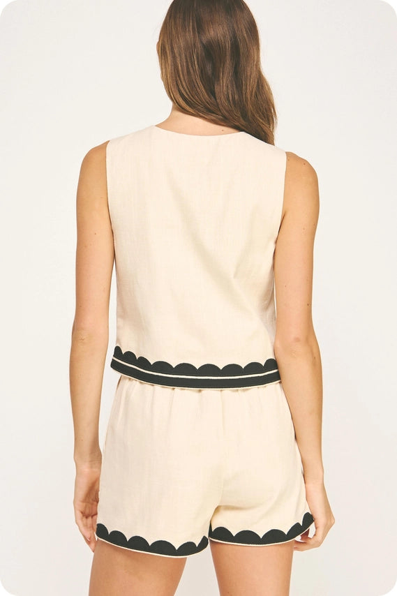 Ecru/Black Contrast Embroidery Vest Top