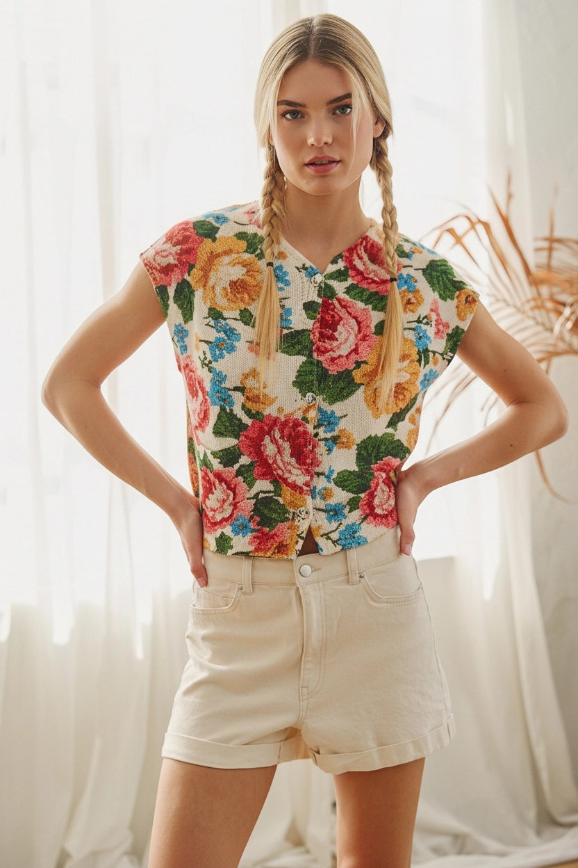 Floral Tapestry Button Knit Top