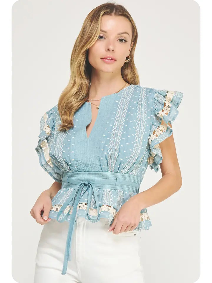 Chambray Embroidered Flutter Sleeves Lace Trim Detail Top