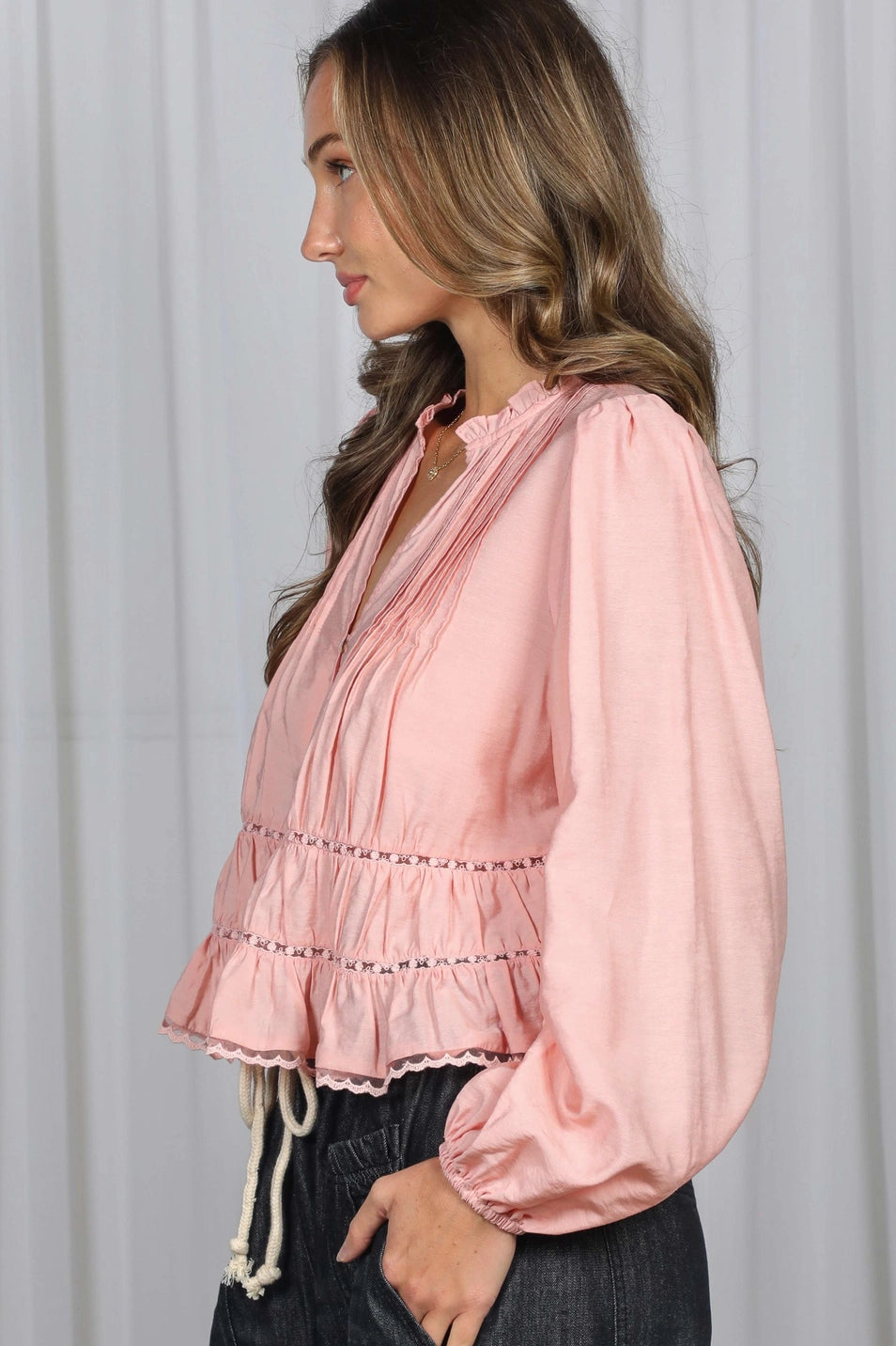 Blush Pink Pin-Tuck & Lace Embellished Romantic V-Neck Blouse