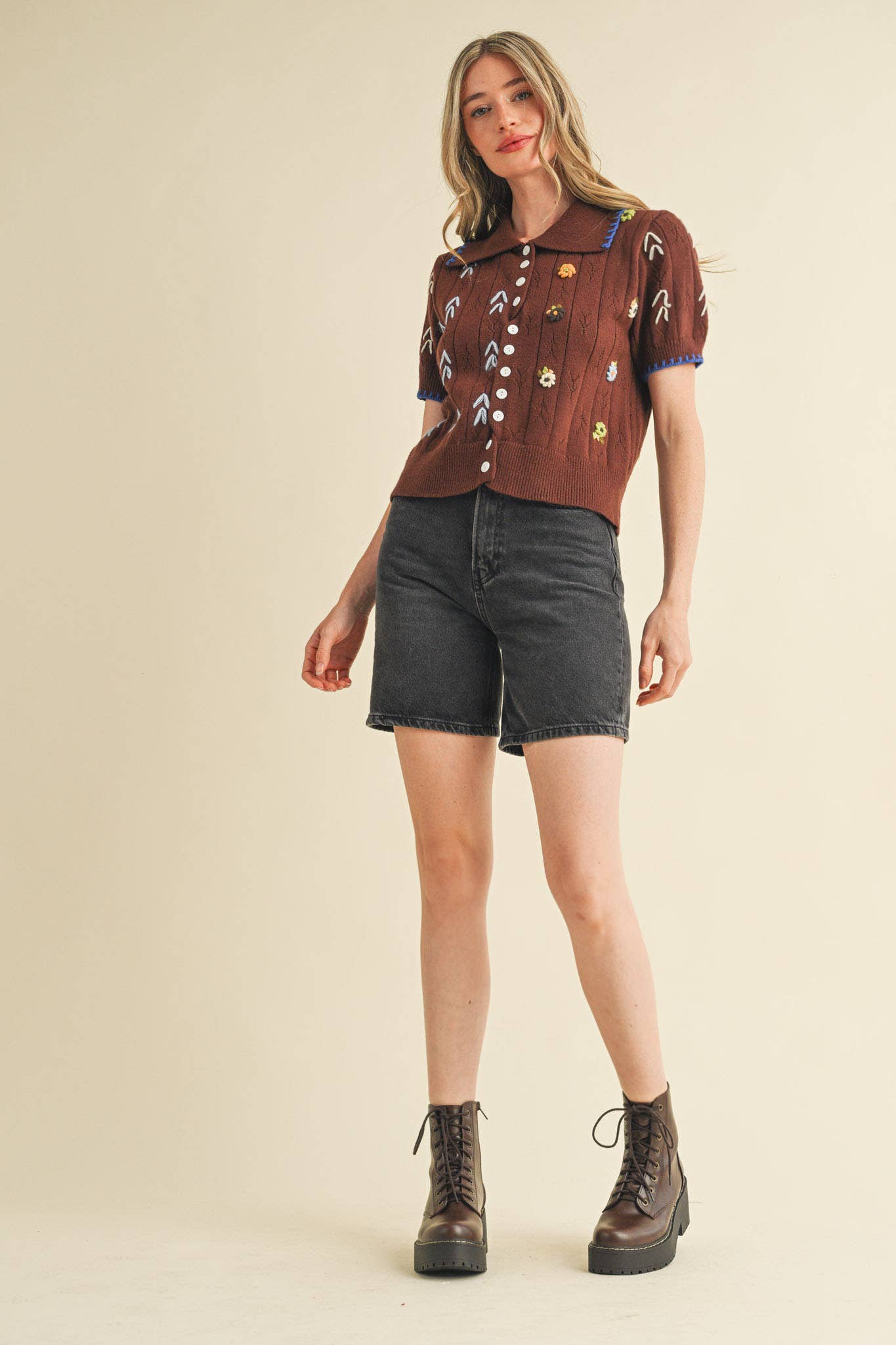 Brown Hand Embroidered Short Sleeve Button Down Sweater