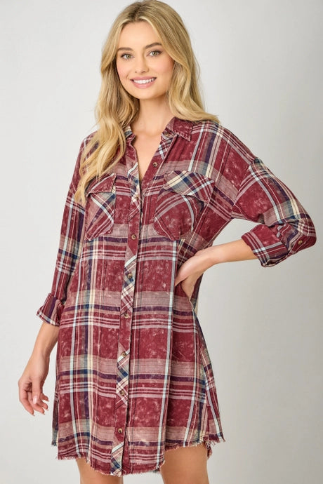 Maroon Plaid Button Up Dress
