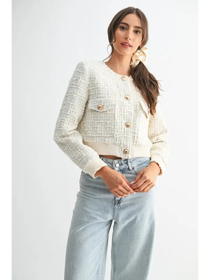 Ivory Elegant Textured Knit Wool Jacket