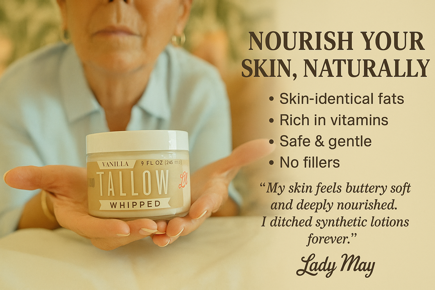 Vanilla Whipped Tallow Moisturizer – 120,000+ Sold | Premium Beef Tallow Skincare | Lady May Tallow: 9oz