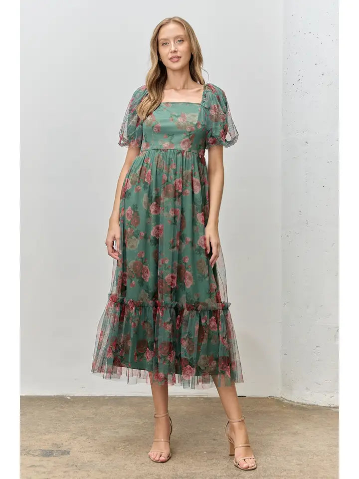 Green Floral Printed Tulle Maxi Dress